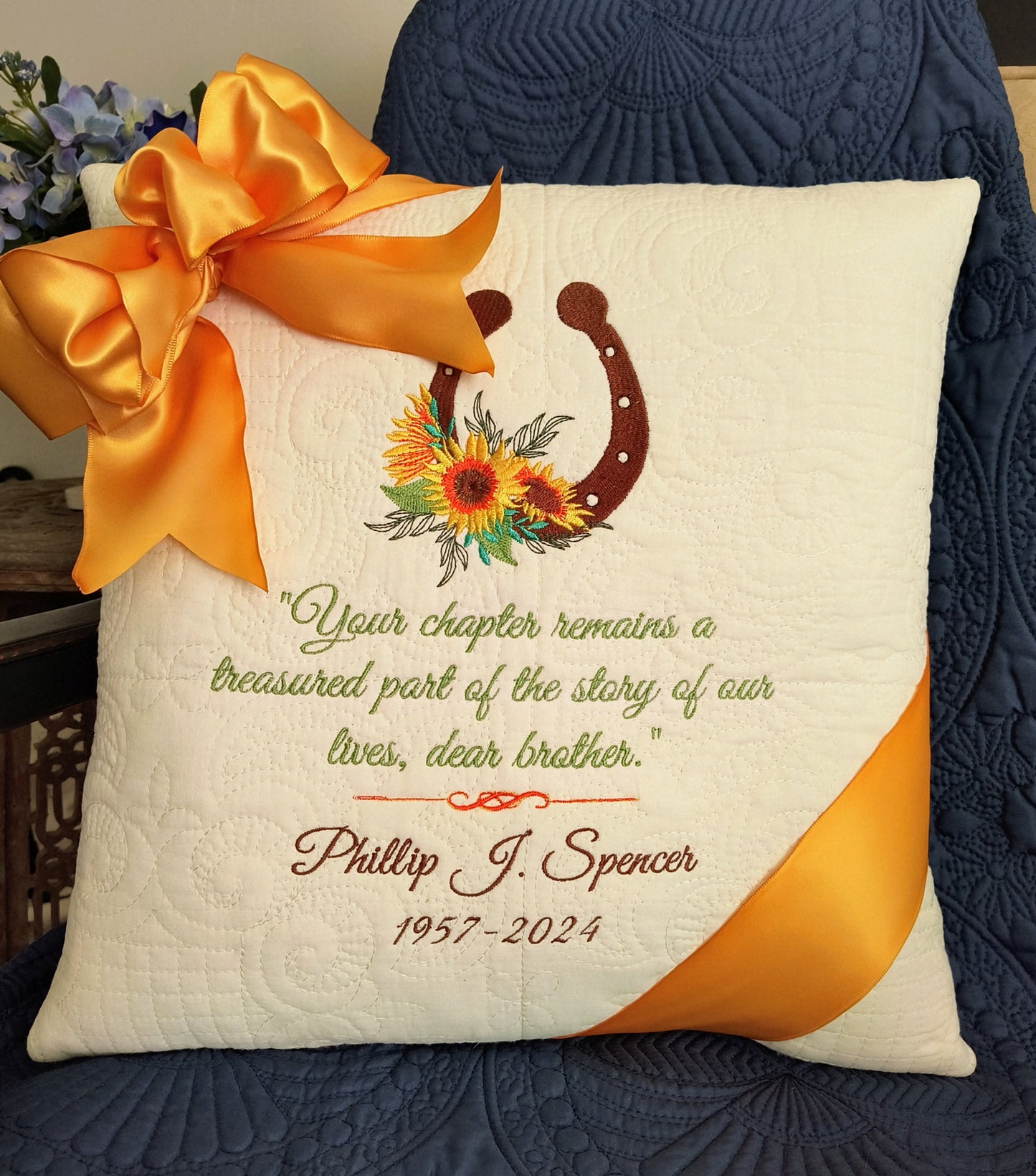 Custom Memorial Pillow  Horseshoe & Sunflower Tribute