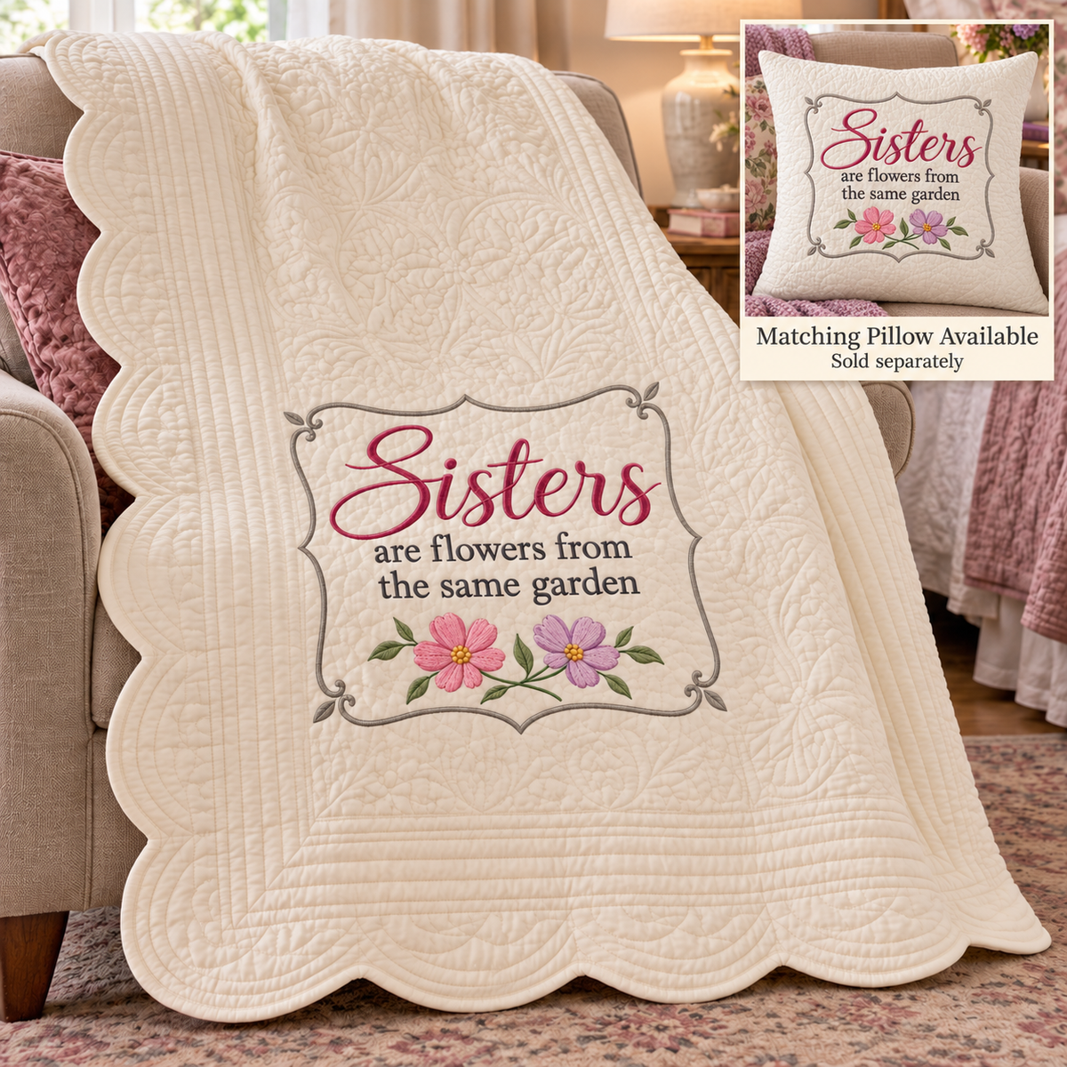 Sisters — Flowers from the Same Garden Personalized Quilted Throw