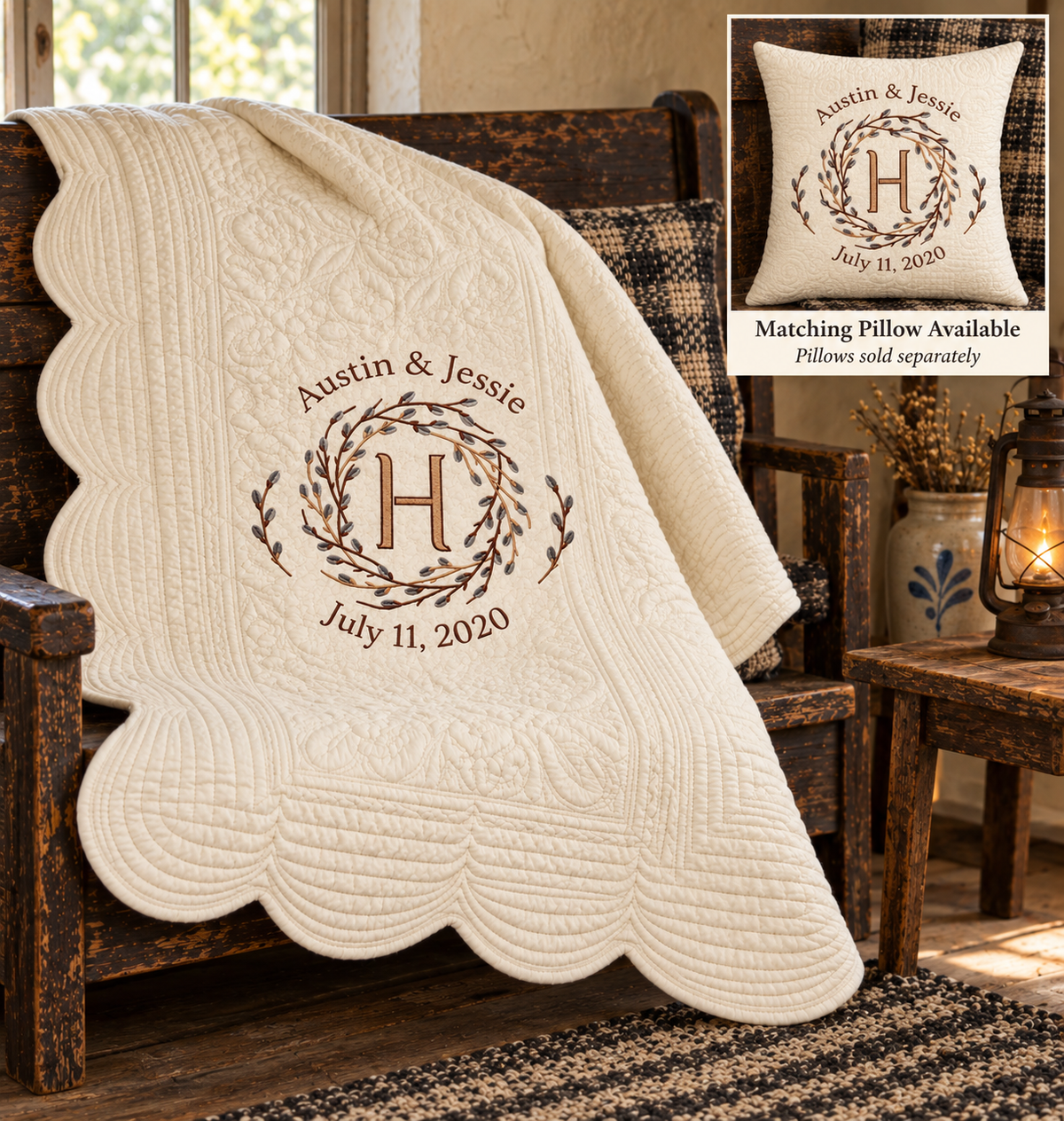 Primitive Willow Wreath — Personalized Monogram Quilted Throw