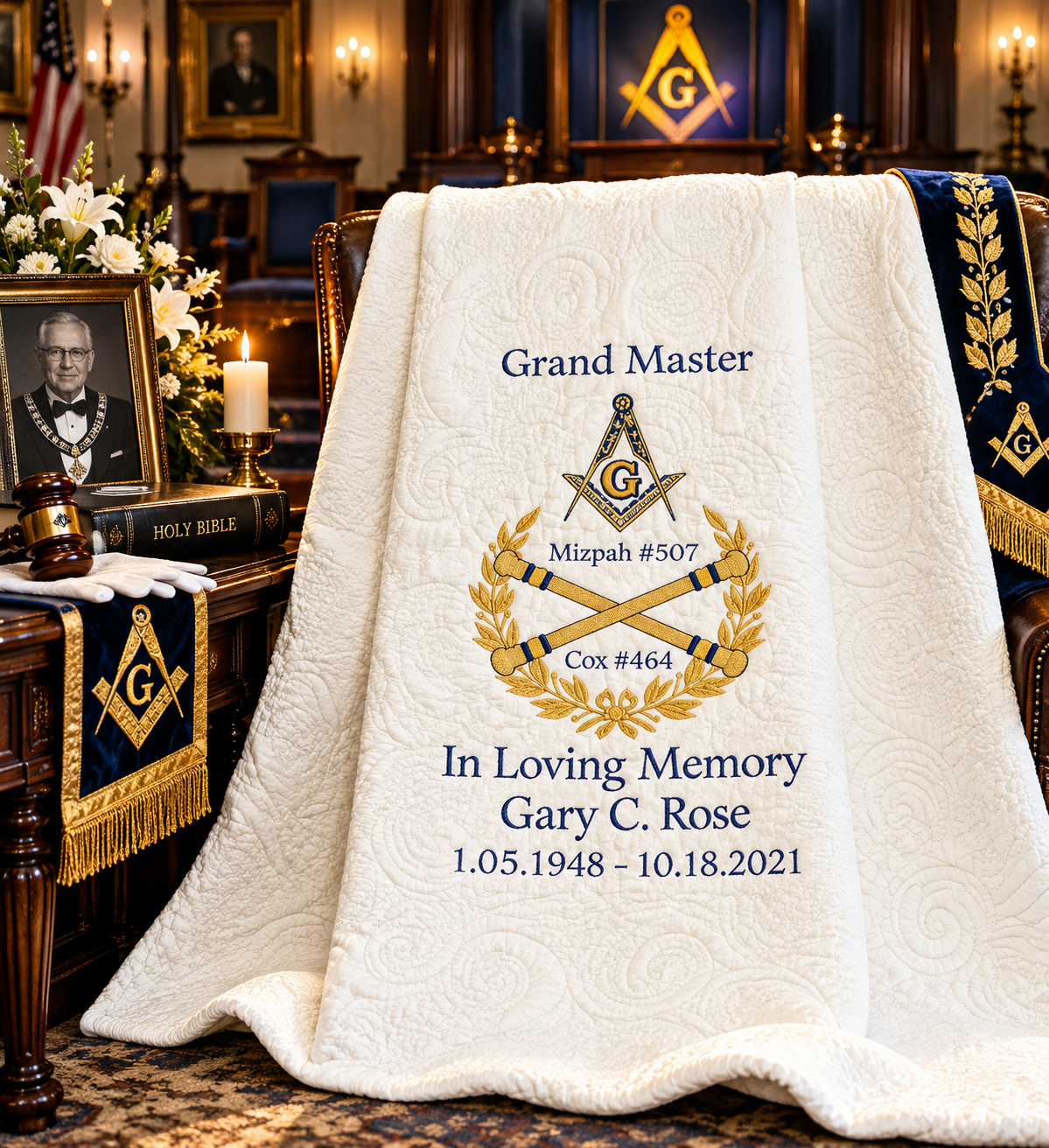 Masonic Lodge & Grand Master — Personalized Embroidered Quilted Throw