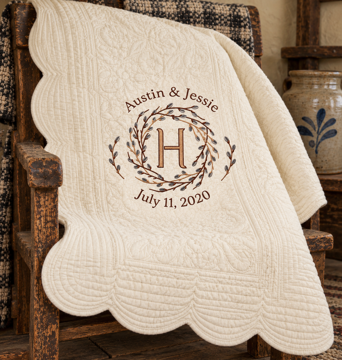 Primitive Willow Wreath — Personalized Monogram Quilted Throw